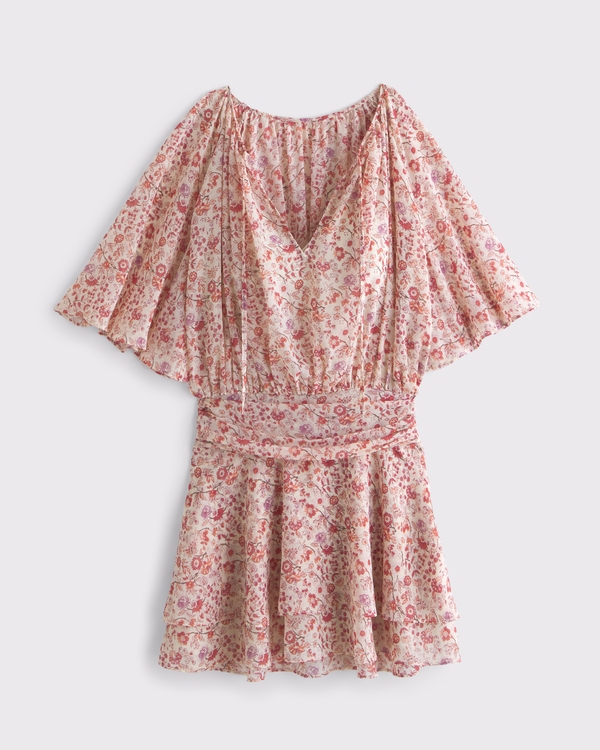 Angel Sleeve Sheer Mini Dress, Red Floral view 1
