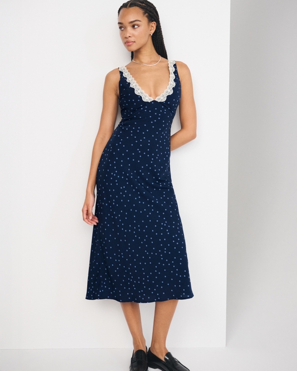 Bra-Free V-Neck Slip Midi Dress, Deep Navy Dot view 1