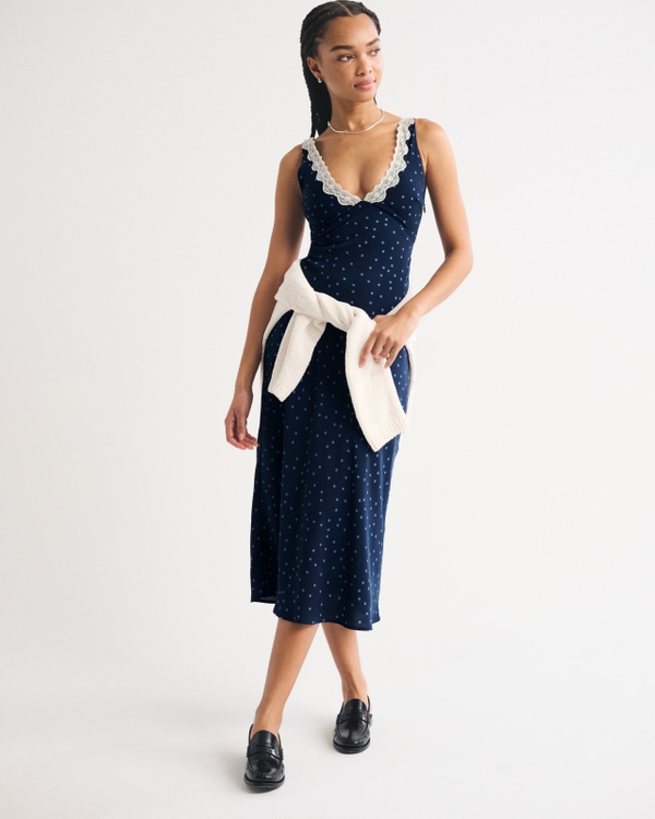 Bra-Free V-Neck Slip Midi Dress, Deep Navy Dot view 2