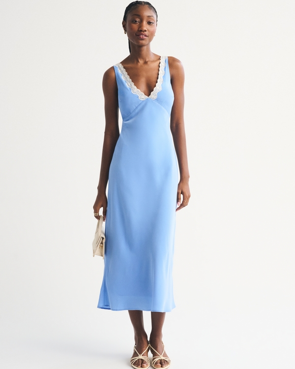 Bra-Free V-Neck Slip Midi Dress, Blue view 1