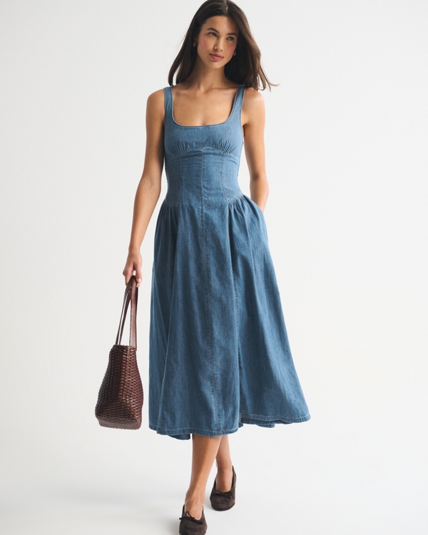 A&F Bra-Free Dylan Midi Dress, Medium Wash view 1