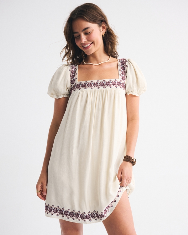 Puff Sleeve Babydoll Mini Dress, Cream Embroidered view 1