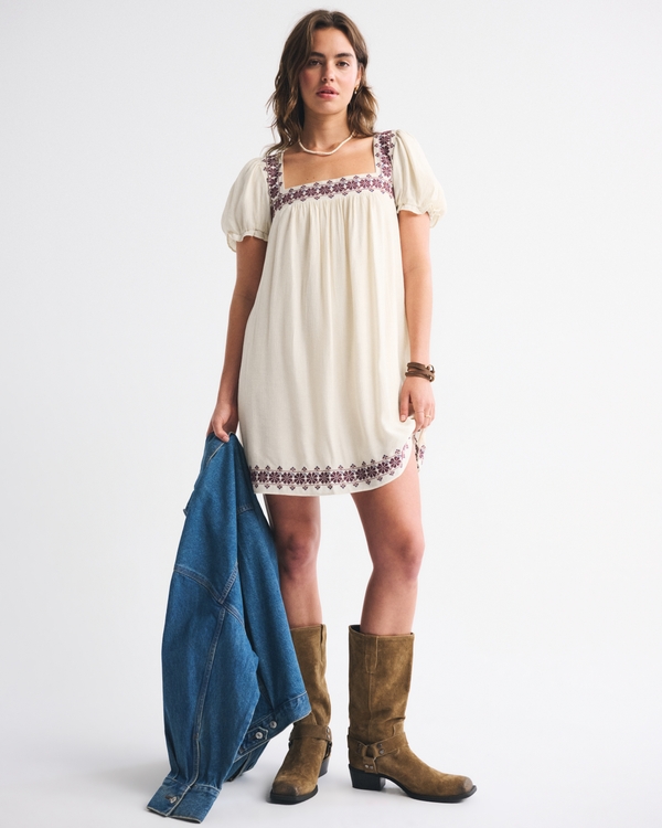 Puff Sleeve Babydoll Mini Dress, Cream Embroidered view 2