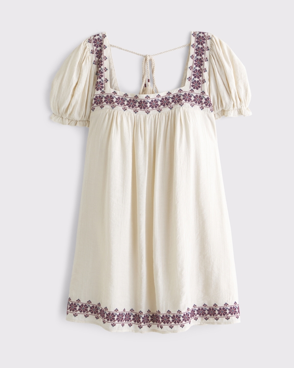 Puff Sleeve Babydoll Mini Dress, Cream Embroidered view 1