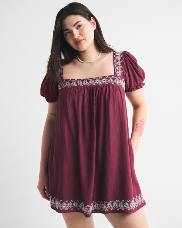 Puff Sleeve Babydoll Mini Dress, Red Wine Embroidered view 1