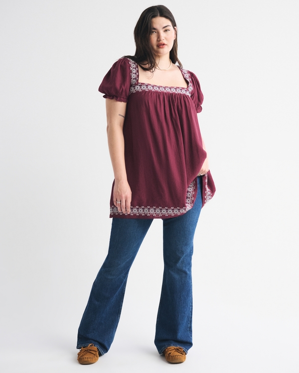 Puff Sleeve Babydoll Mini Dress, Red Wine Embroidered view 2