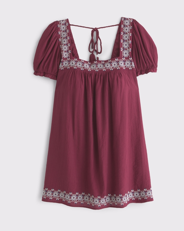 Puff Sleeve Babydoll Mini Dress, Red Wine Embroidered view 1