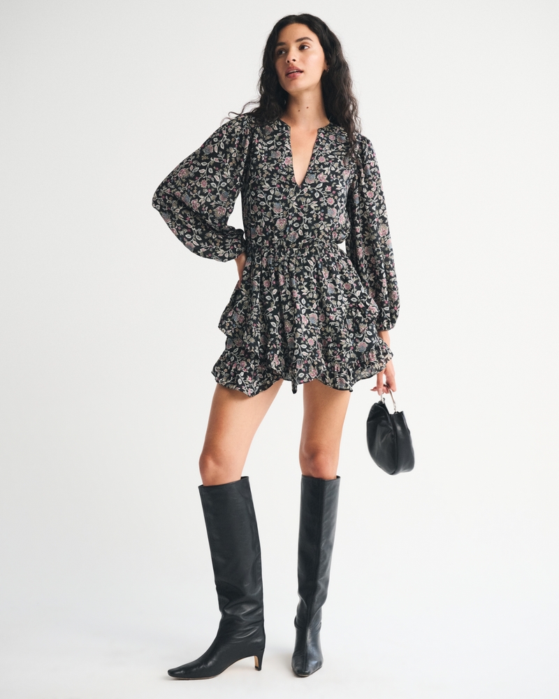 Women's Long-Sleeve Easy Waist Ruffle Mini Dress in Black Pattern | Size XS PETITE | Abercrombie & Fitch