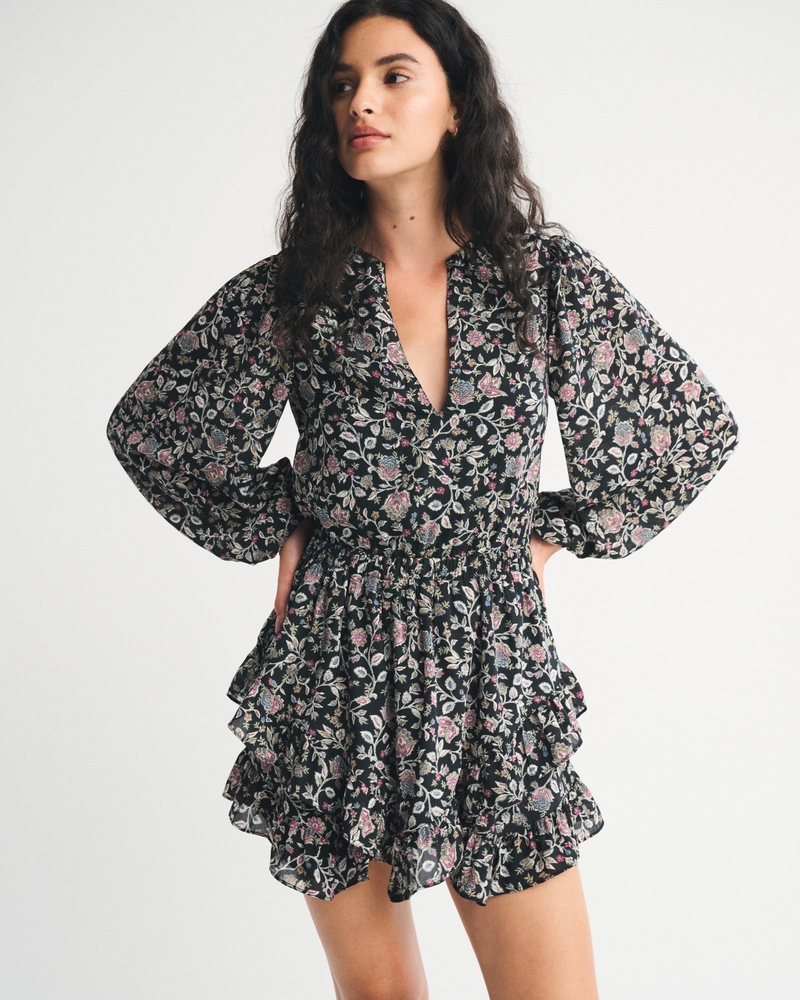 Long-Sleeve Easy Waist Ruffle Mini Dress