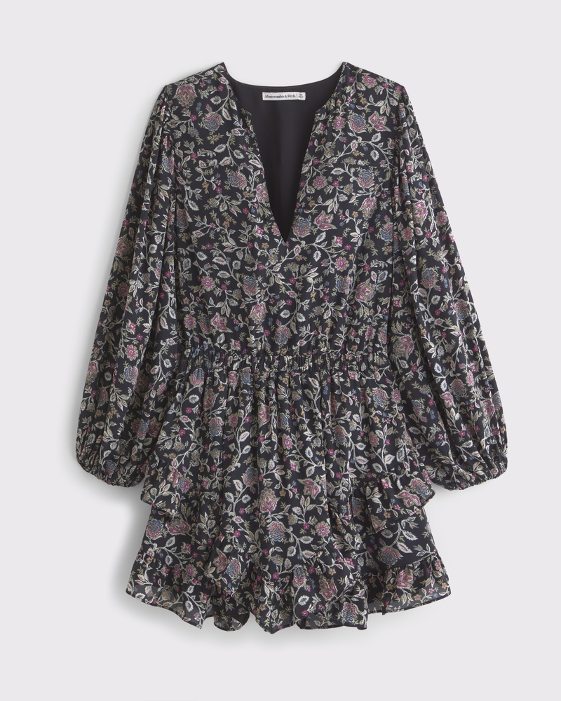 Long-Sleeve Easy Waist Ruffle Mini Dress