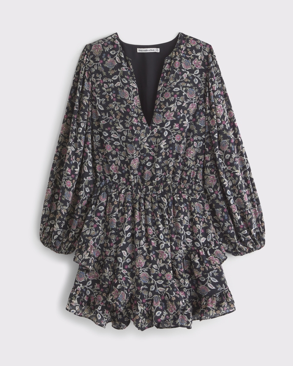 Long-Sleeve Easy Waist Ruffle Mini Dress