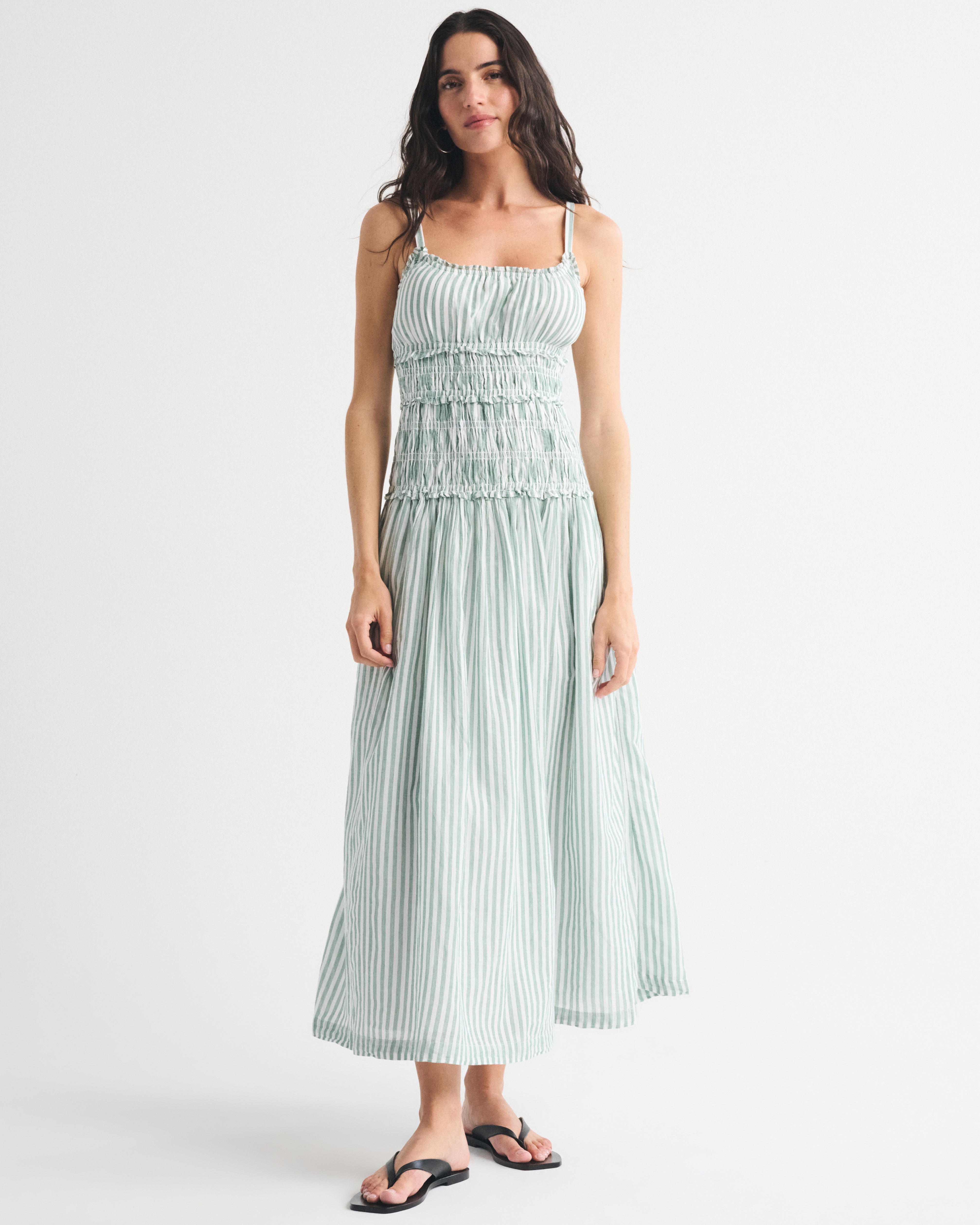 Bra-Free Smocked Drop-Waist Maxi Dress - Blue Stripe