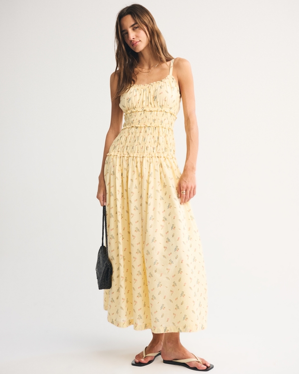 Bra-Free Smocked Drop-Waist Maxi Dress, Yellow Pattern view 1