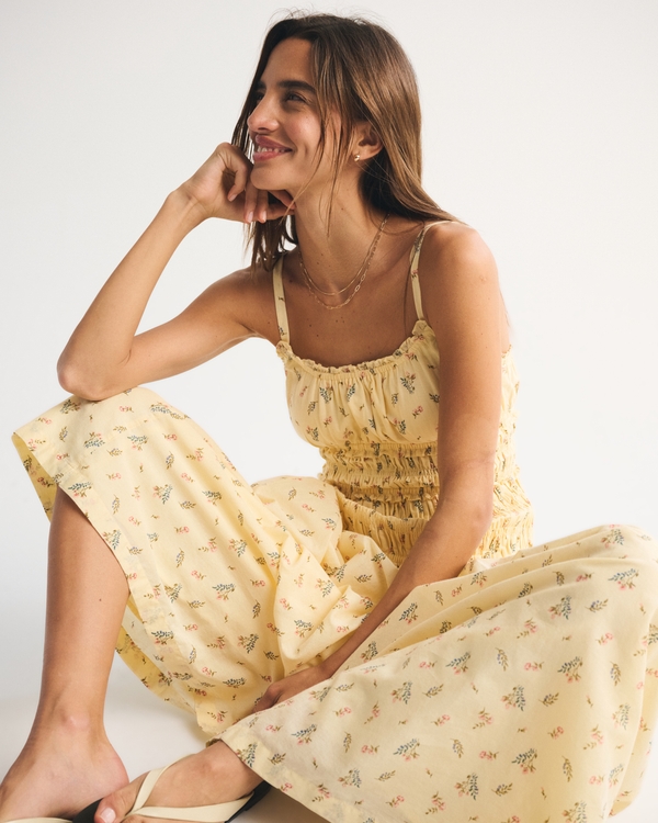 Bra-Free Smocked Drop-Waist Maxi Dress, Yellow Pattern view 2