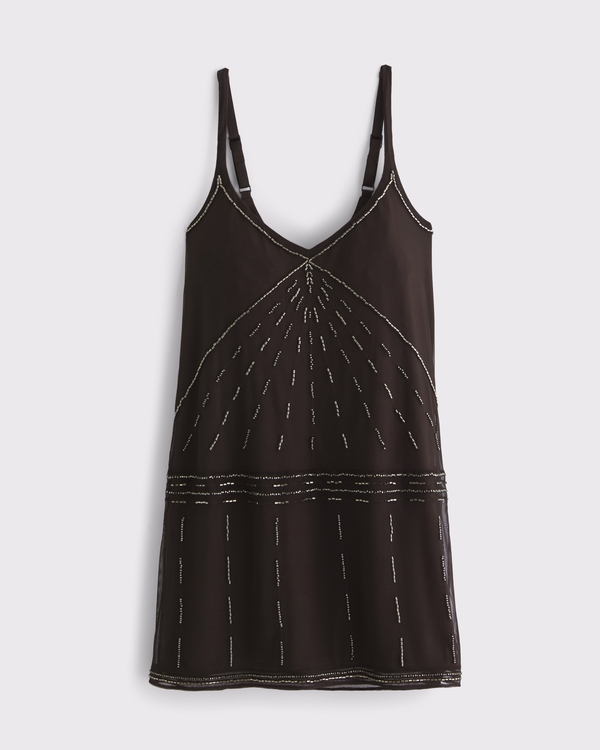 Women's V-Neck Beaded Mini Dress in Coffee | Size L TALL | Abercrombie & Fitch
