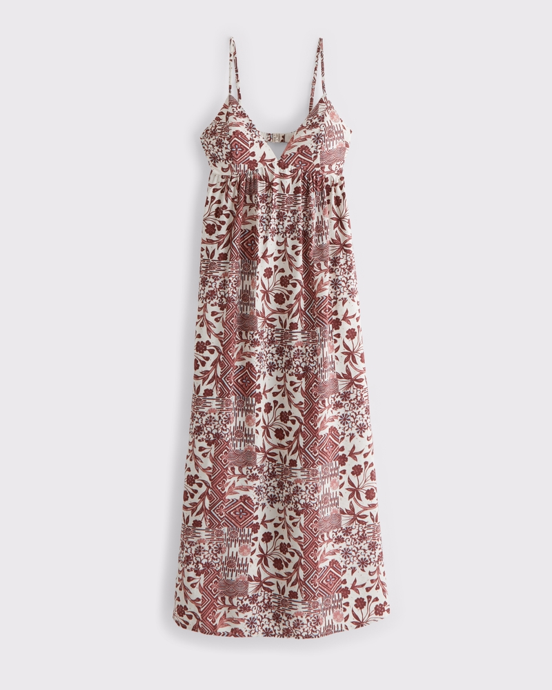 Women's Bra-Free Clasp-Back Flowy Maxi Dress in Dark Red Pattern | Size XL | Abercrombie & Fitch