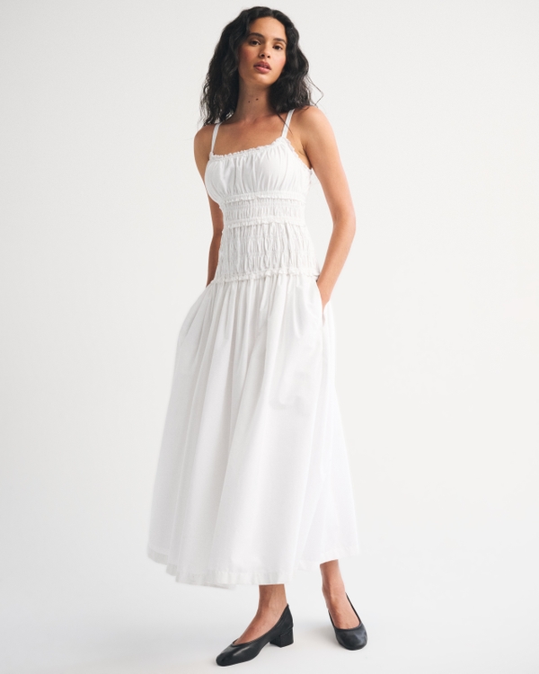 Bra-Free Smocked Drop-Waist Maxi Dress, White view 1