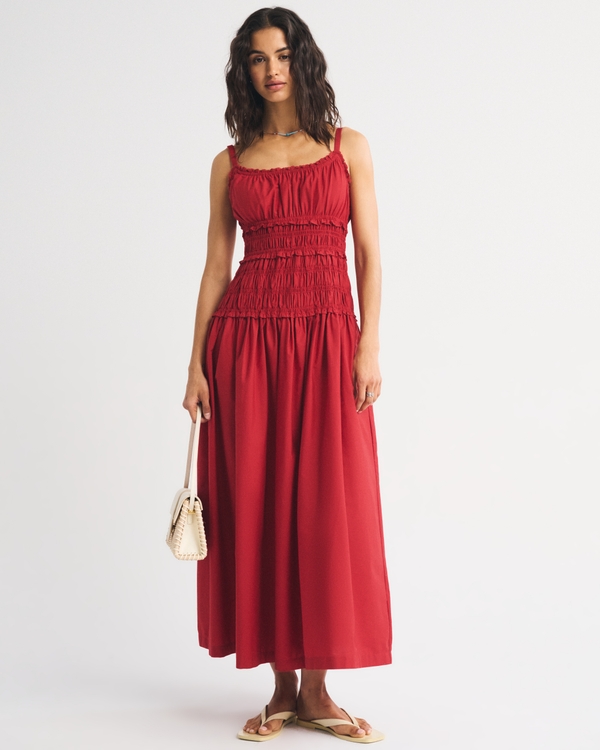 Bra-Free Smocked Drop-Waist Maxi Dress, Fiery Red view 1