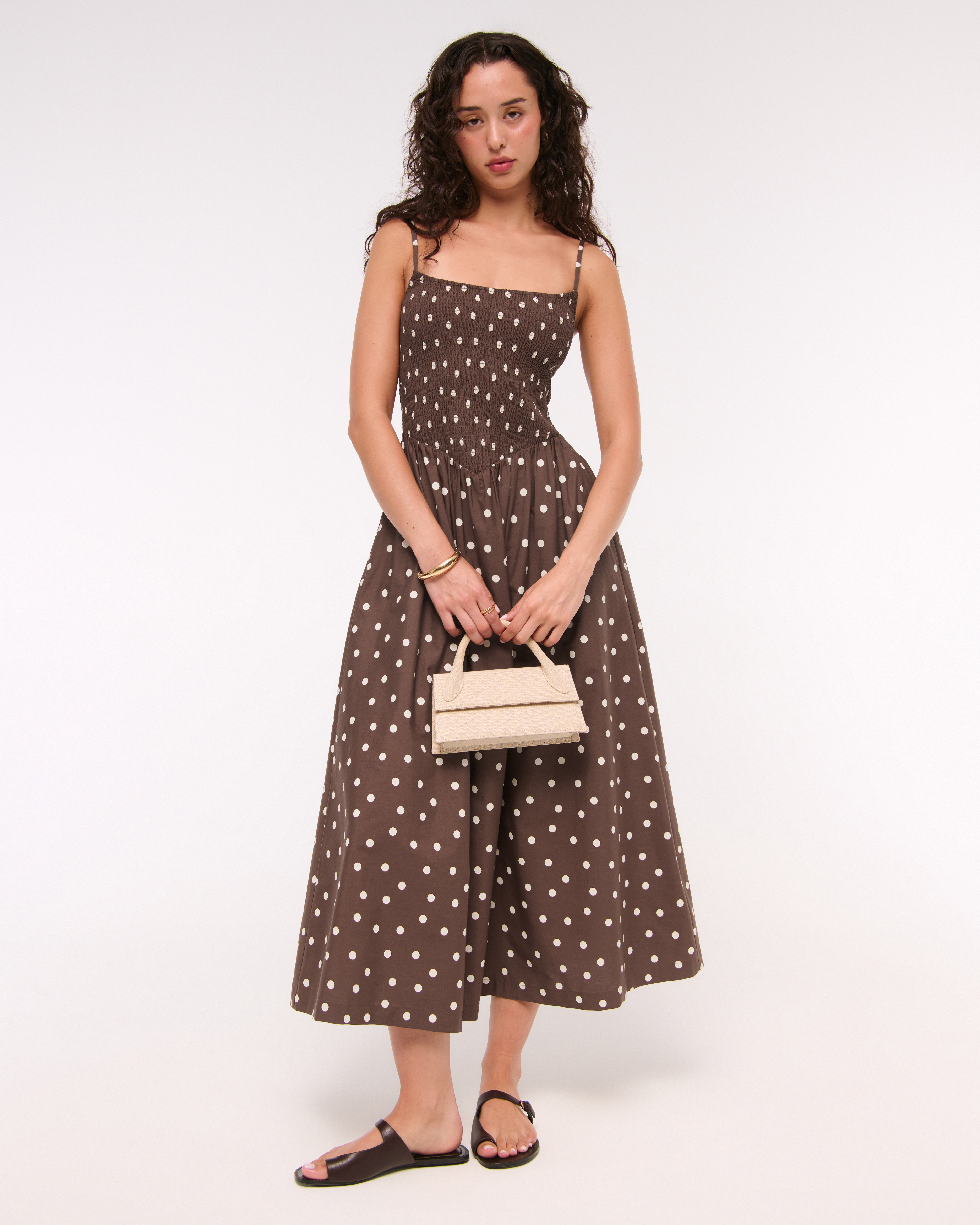 Abercrombie & Fitch Dipped-waist Smocked Midi Dress In Brown