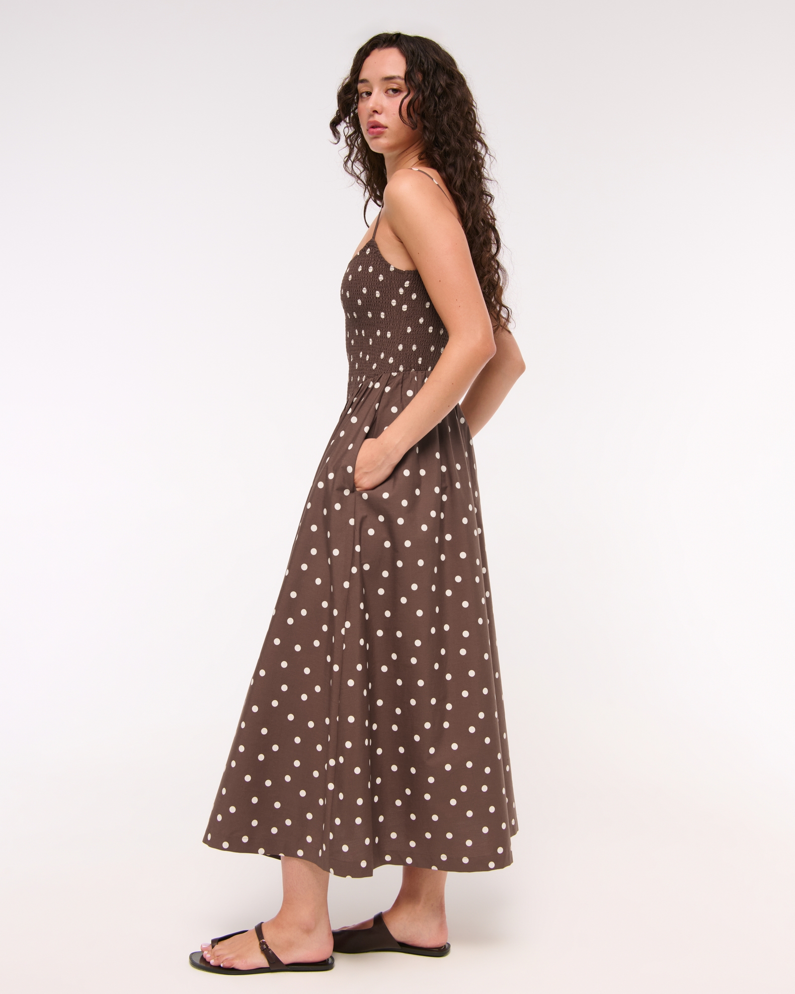 Dipped-Waist Smocked Midi Dress