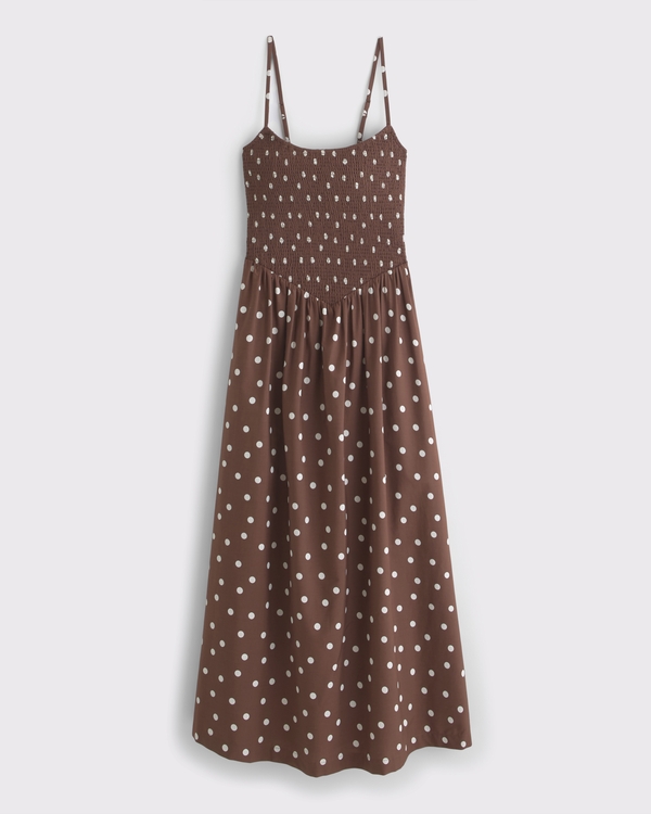 Dipped-Waist Smocked Midi Dress, Brown Dot view 1