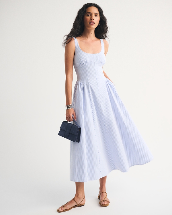 Bra-Free Scoopneck Dipped-Waist Midi Dress, Blue Stripe view 1