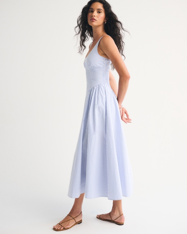 Bra-Free Scoopneck Dipped-Waist Midi Dress, Blue Stripe view 2