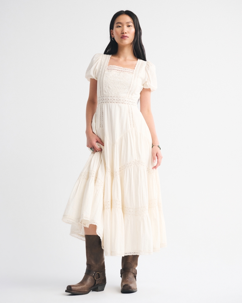 Puff Sleeve Lace-Pieced Maxi Dress