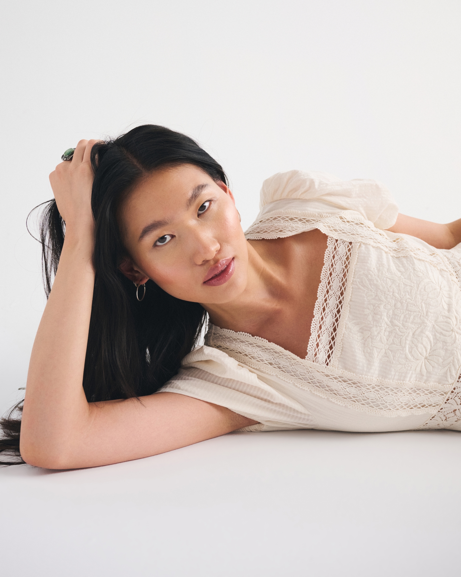 Puff Sleeve Lace-Pieced Maxi Dress