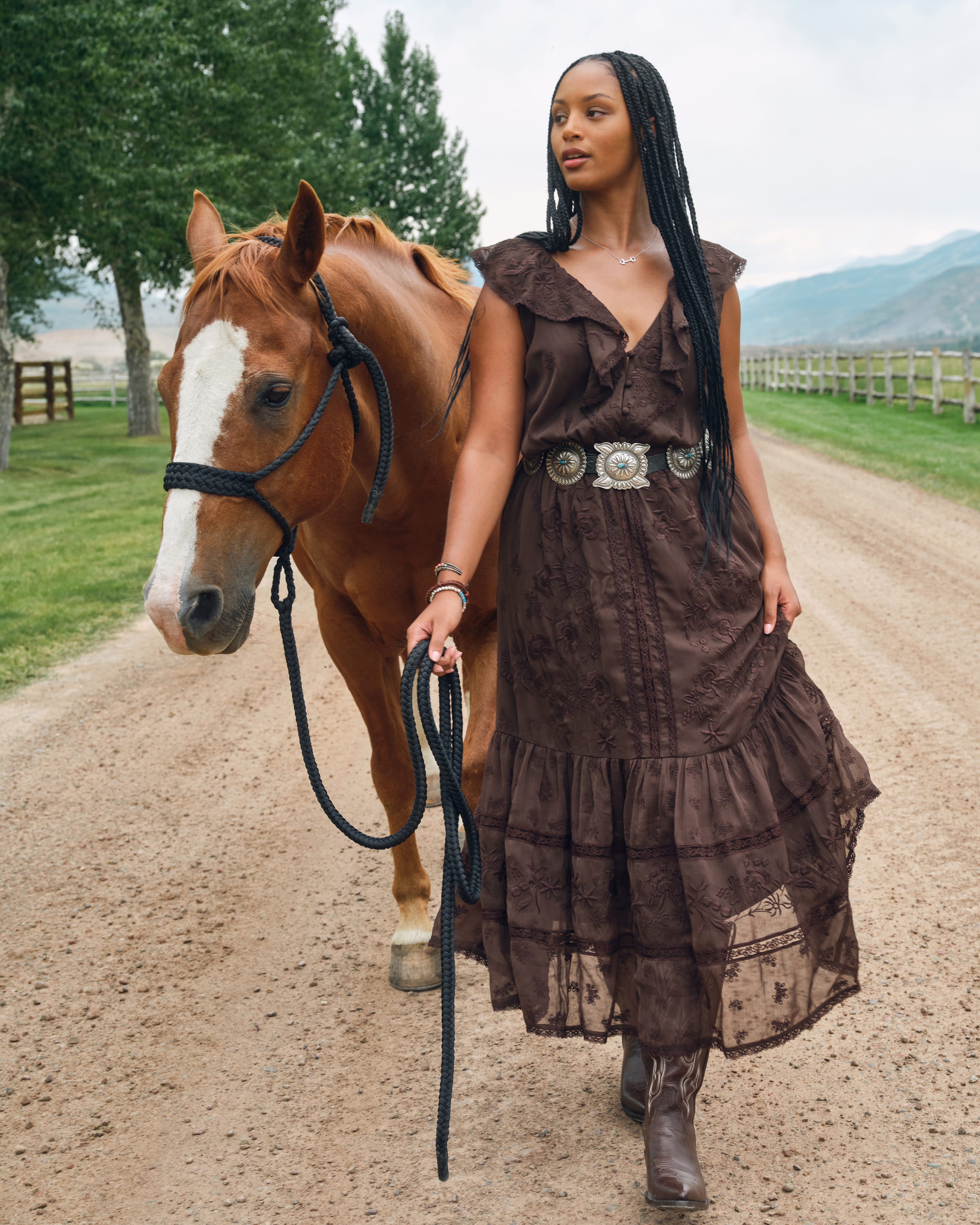 V-Neck Embroidered Tiered Maxi Dress - Dark Coffee