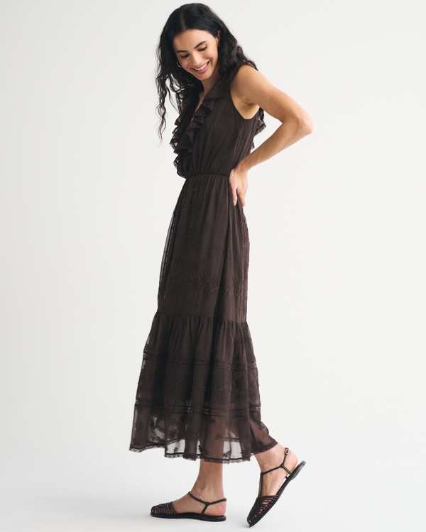 V-Neck Embroidered Tiered Maxi Dress