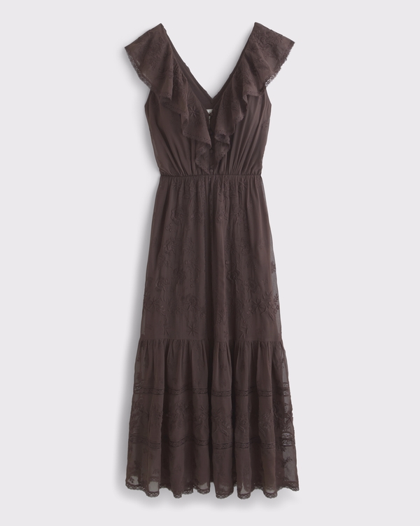 V-Neck Embroidered Tiered Maxi Dress, Dark Coffee view 2
