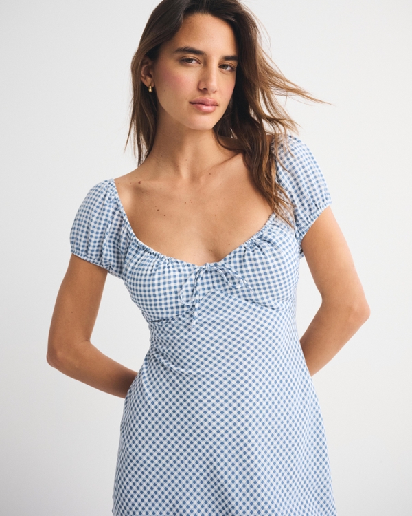 Bra-Free Micro Puff Sleeve Sweetheart Midi Dress, Blue Print view 2