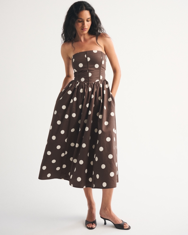 Bra-Free Dipped Waist Midi Dress, Brown Polka Dot view 1