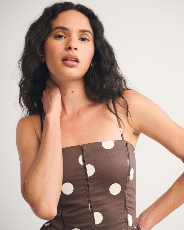 Bra-Free Dipped Waist Midi Dress, Brown Polka Dot view 2