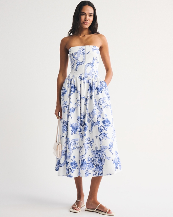 Bra-Free Dipped Waist Midi Dress, Blue Floral view 1