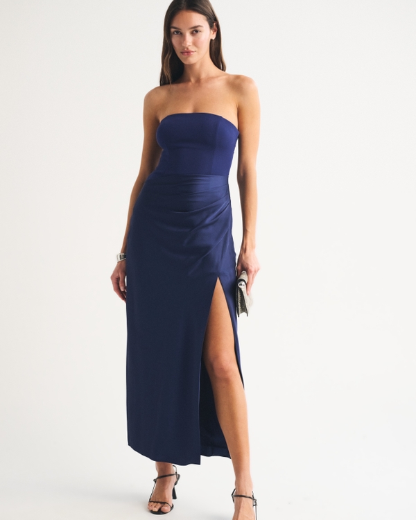 Bra-Free Strapless Draped Maxi Dress, Midnight Blue view 1