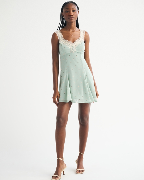 Bra-Free Lace-Trim Button-Through Mini Dress, Mint Green Floral view 2