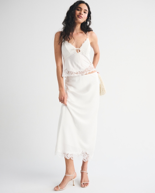 High Rise Satin Maxi Set Skirt, White view 1