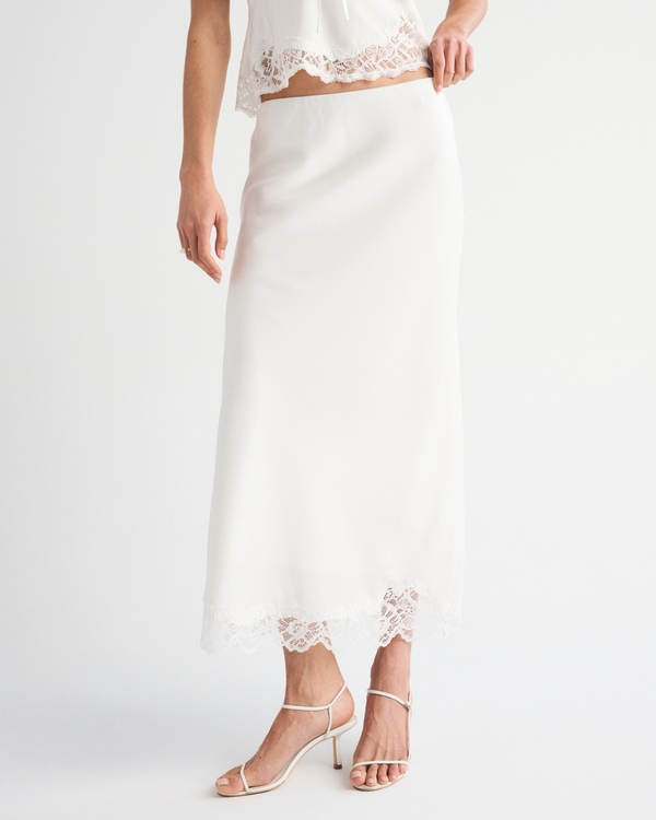 High Rise Satin Maxi Set Skirt, White view 2