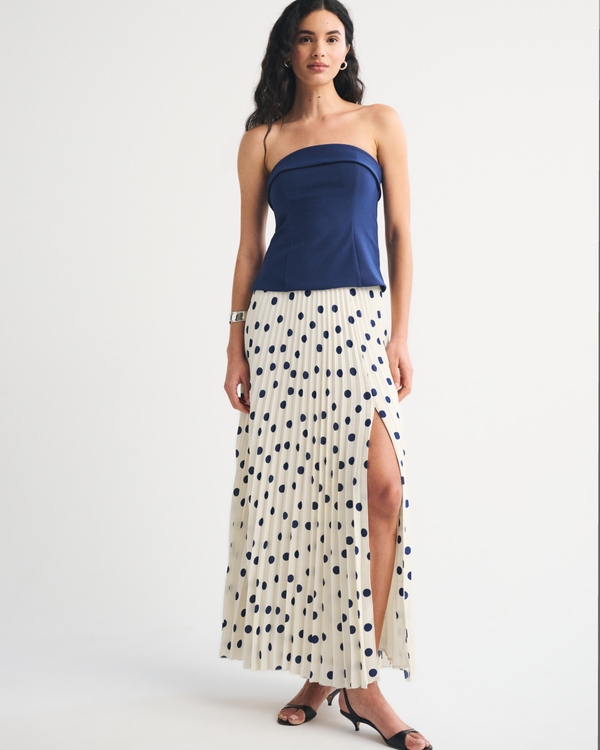 High Rise Pleated Maxi Set Skirt, Midnight Blue Polka Dot view 1