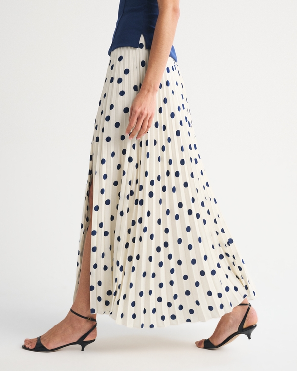 High Rise Pleated Maxi Set Skirt, Midnight Blue Polka Dot view 2