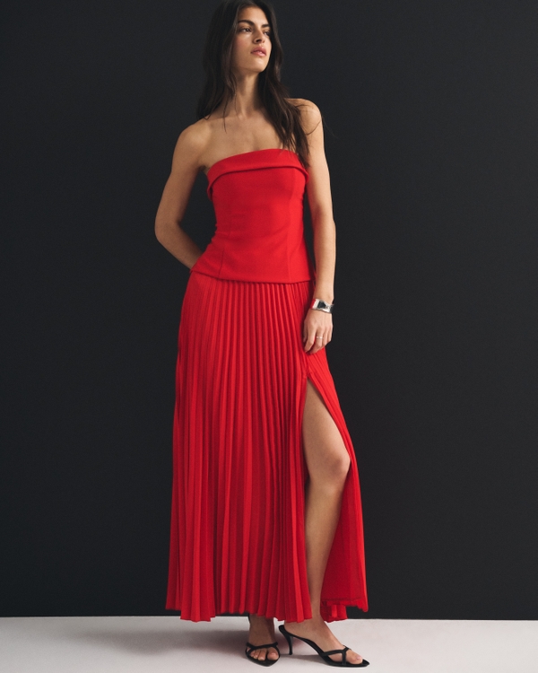 High Rise Pleated Maxi Set Skirt, Vivid Red view 1