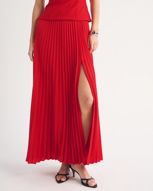High Rise Pleated Maxi Set Skirt, Vivid Red view 2