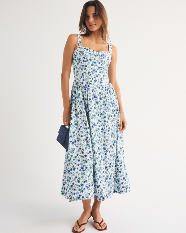 Bra-Free Dipped-Waist Maxi Dress, Blue Floral view 1