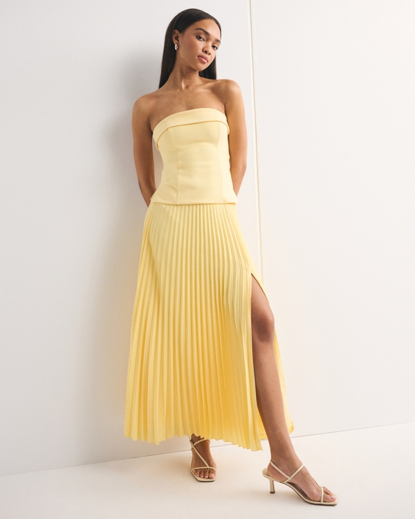 High Rise Pleated Maxi Set Skirt, Sunny Yellow view 1