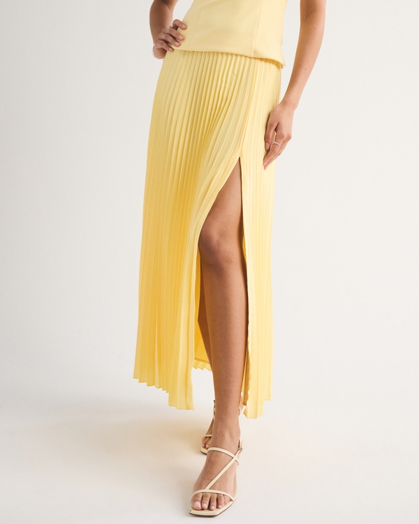High Rise Pleated Maxi Set Skirt, Sunny Yellow view 2