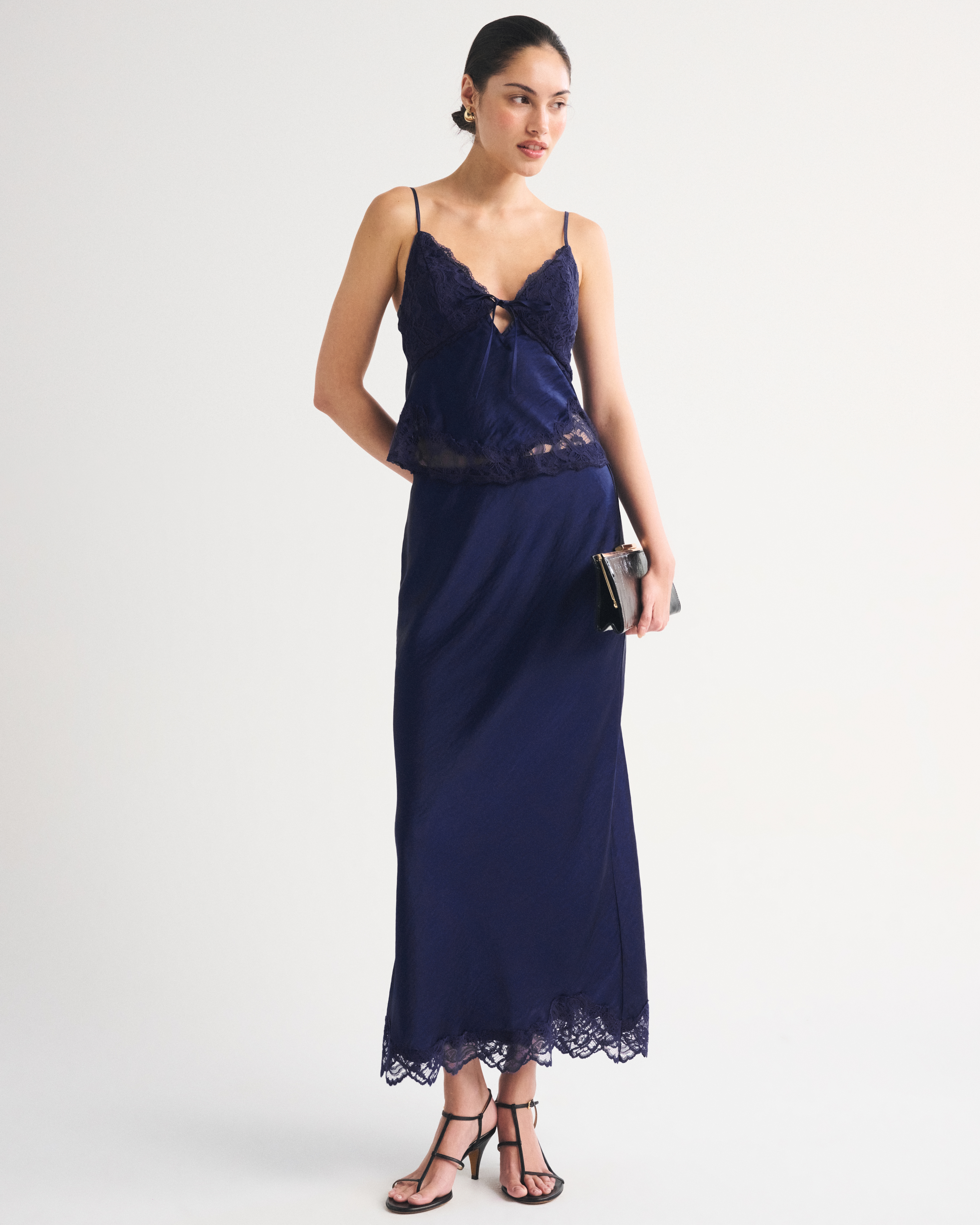High Rise Satin Maxi Set Skirt - Midnight Blue