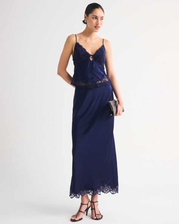 High Rise Satin Maxi Set Skirt, Midnight Blue view 1