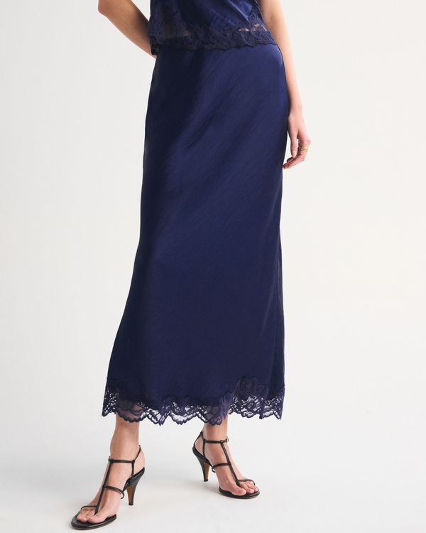 High Rise Satin Maxi Set Skirt, Midnight Blue view 2